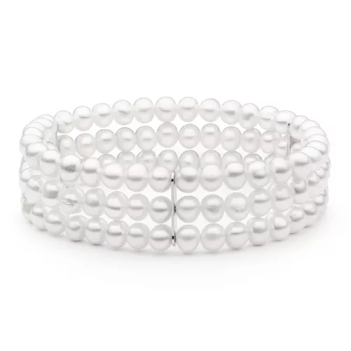 Trend-Perlenarmband 3-reihig flex weiß rund, 5-5.5 mm, Silber, Gaura Pearls, Estland