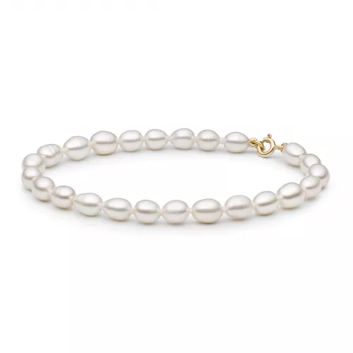 Leichtes elegantes Perlenarmband weiß reisförmig 5-5.5 mm, 18cm Länge, Verschluss Gelbgold 9K, Gaura Pearls, Estland