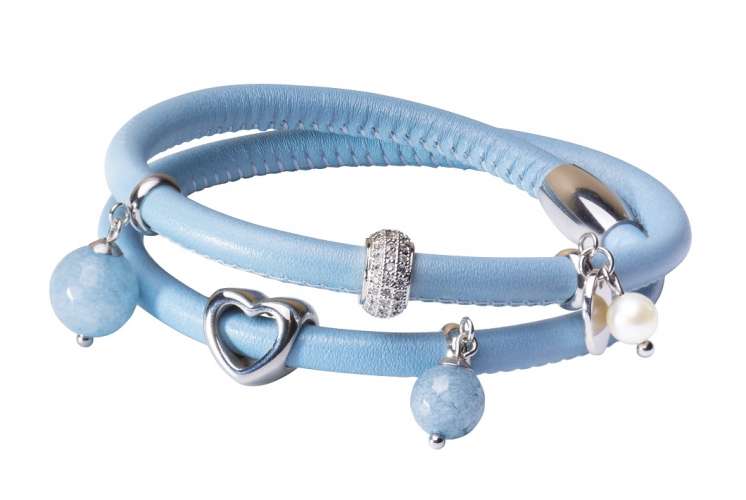 Design-Lederarmband blau mit Nephrit, 18.5 cm, Magnet-Verschluss Stahl, Gaura Pearls, Estland