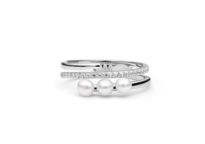 Eleganter Ring mit weißer Perle und parallelem Zirkoniaring, 925er rhodiniertes Silber, Gaura Pearls, Estland