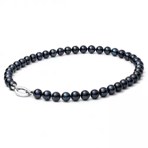 Gaura Pearls Perlenkette - schwarz, rund, Designverschluss, 50 cm, 925 Silber