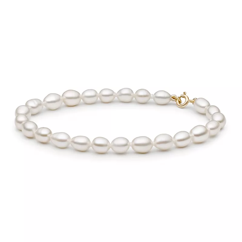 Leichtes elegantes Perlenarmband weiß reisförmig 5-5.5 mm, 18cm Länge, Verschluss Gelbgold 9K, Gaura Pearls, Estland