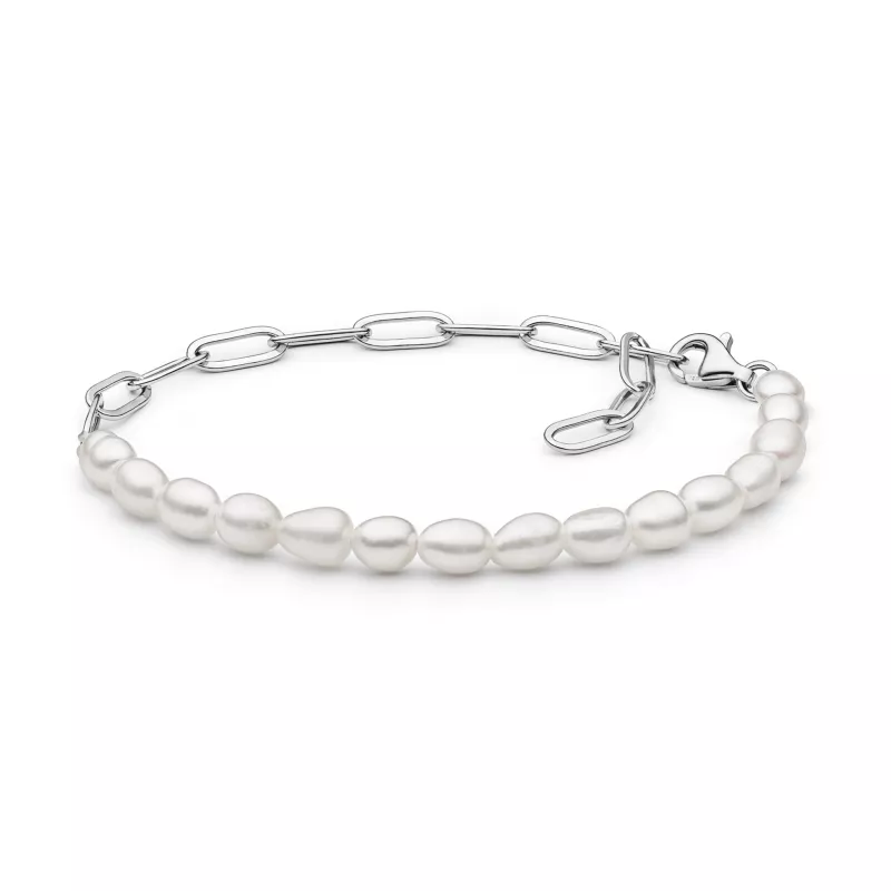 Leichtes modernes Perlenarmband weiß reisförmig 4-5 mm, Verschluss 925er Silber, Gaura Pearls, Estland