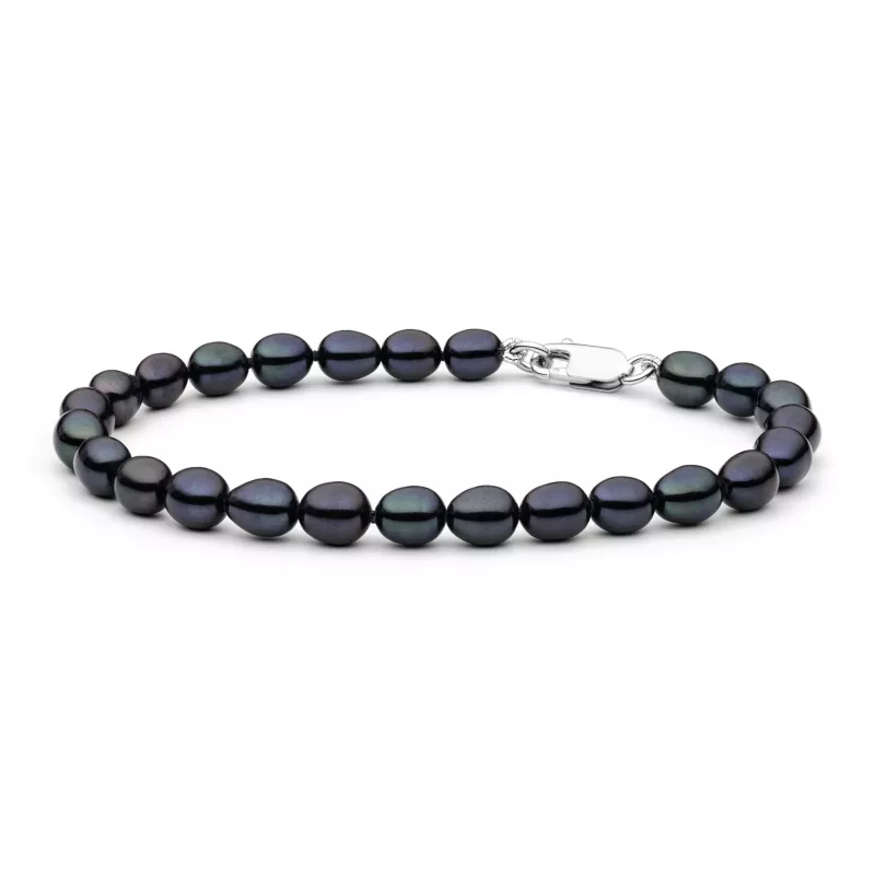 Gaura Pearls Perlenarmband - schwarz, reis, 925 Silber