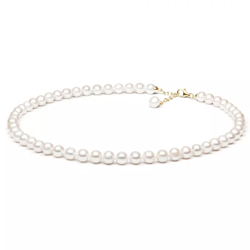 Gaura Pearls Perlenkette - weiß, rund, 9 mm, 45-48 cm, 585 Gelbgold plat.