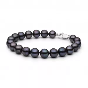 Klassisches Perlenarmband Herren schwarz rund 9-10 mm, Verschluss 925er Silber, Gaura Pearls, Estland